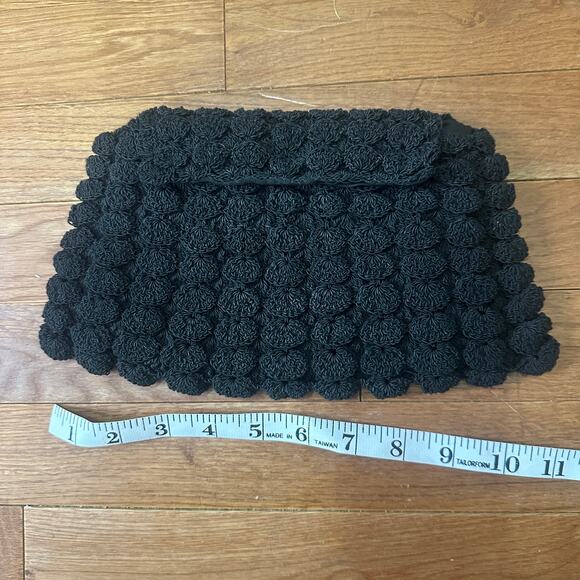 Vintage 1940s Black Popcorn Rosette Crochet Clutch Evening Bag Purse - Picture 6 of 6